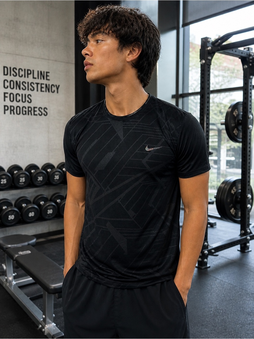 Nike Dri-FIT Running Shirt Mens Large Black Graphic Athletic Gym Tee Swoosh